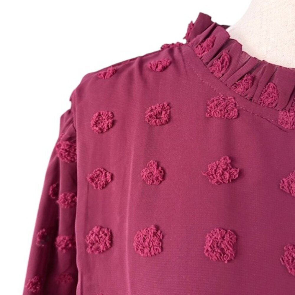 Adibosy Burgundy Ruffle Mock Neck Chiffon Lined Mini Dress Long Sleeve Plus 2XL - Picture 6 of 14